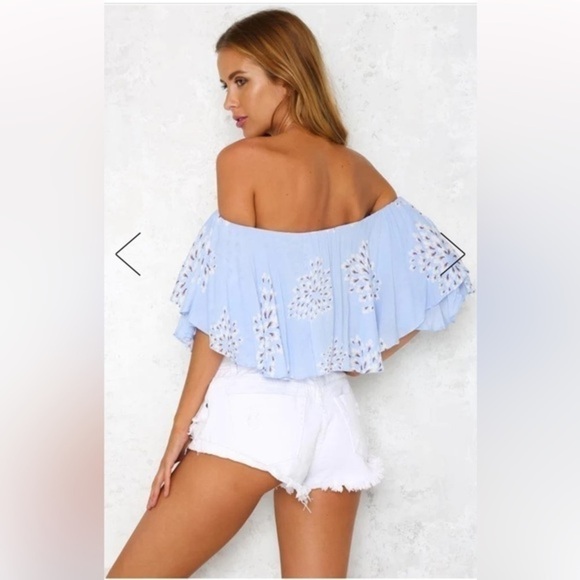 Blue Floral Print Ruffle Off The Shoulder Top - Picture 2 of 7